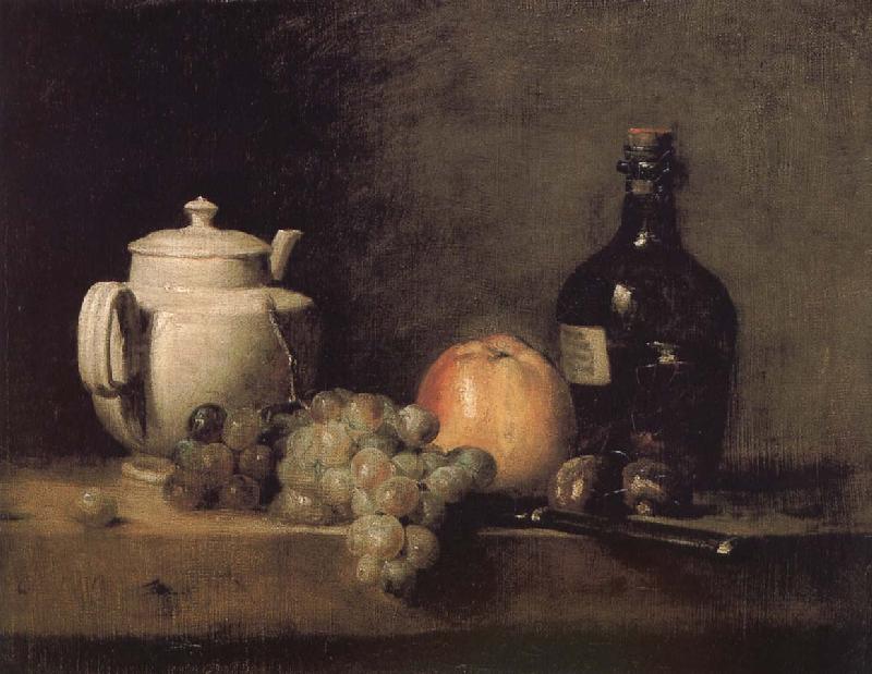 Jean Baptiste Simeon Chardin Teapot white grape apple bottle knife and Paris oil painting image